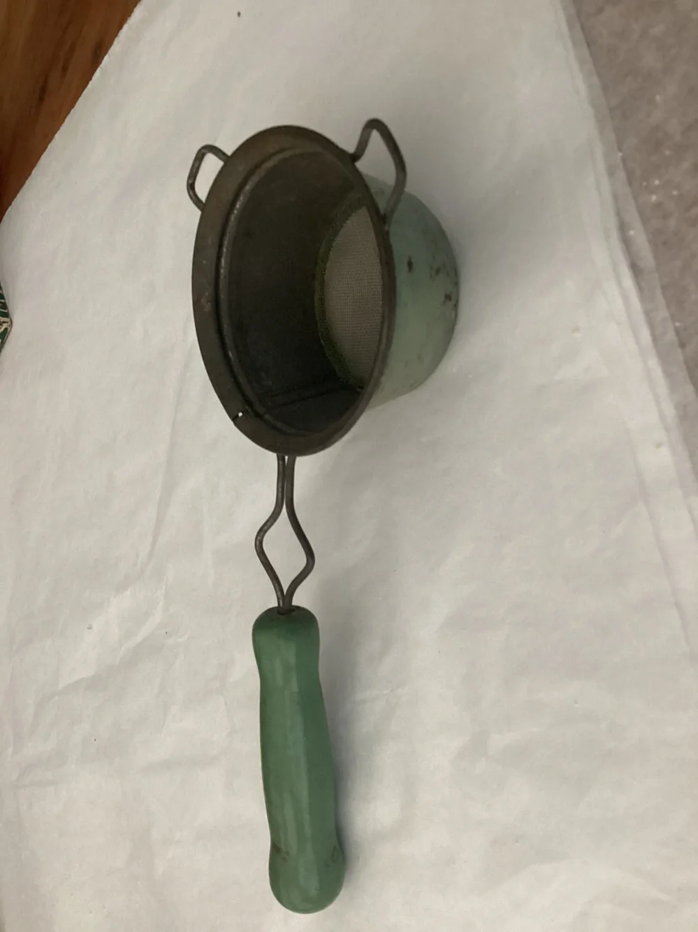 Antique Continental Gem Company, Kitchen Strainer painted green wooden handle